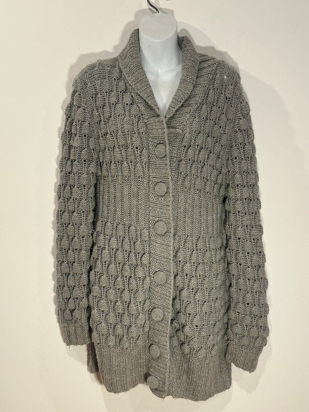 Alicia Adams Alpaca Grey 100% Baby Alpaca Chunky Popcorn Knit Long Cardigan Coat
